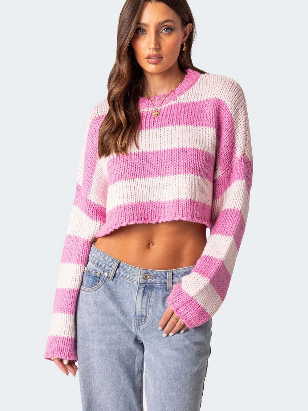 Edikted Striped Pink Cropped Knit Sweater - Women's